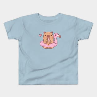 Cute Capybara With Flamingo Pool Float For Summer Kids T-Shirt